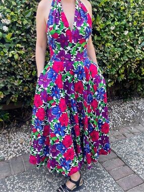 100% cotton 80s vintage Floral Halter Midi Dress in Magenta, Blue & Green